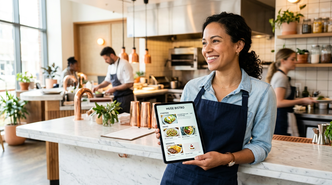 A relaxed restaurant owner holding a tablet displaying her website in a bright, modern bistro setting.