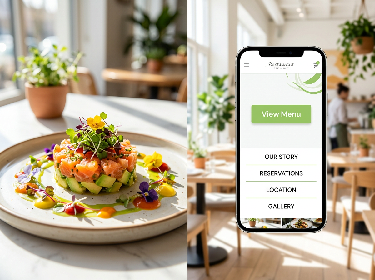 A professional restaurant website displayed on a mobile phone next to a high-quality photo of food, illustrating the functional aesthetic approach.