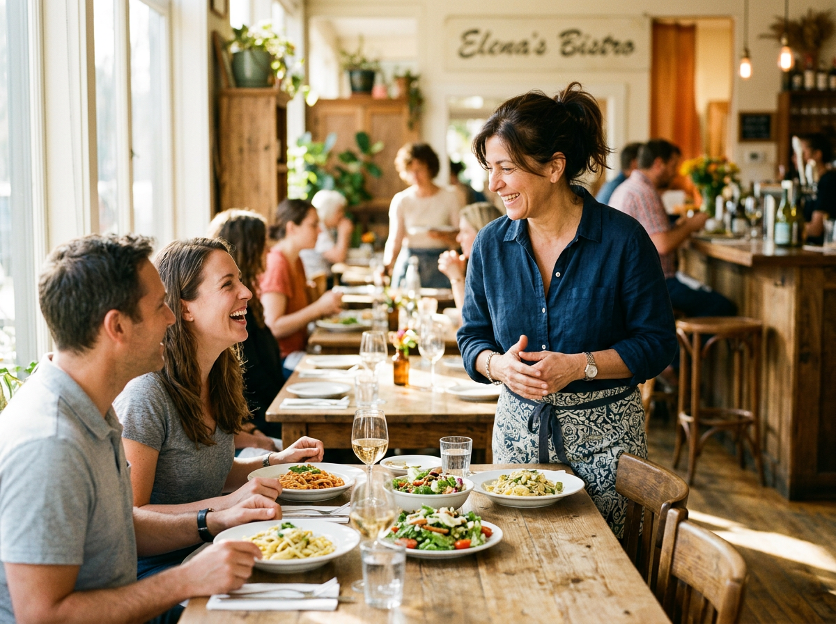 A happy restaurant owner focusing on her guests and hospitality after automating her business website.