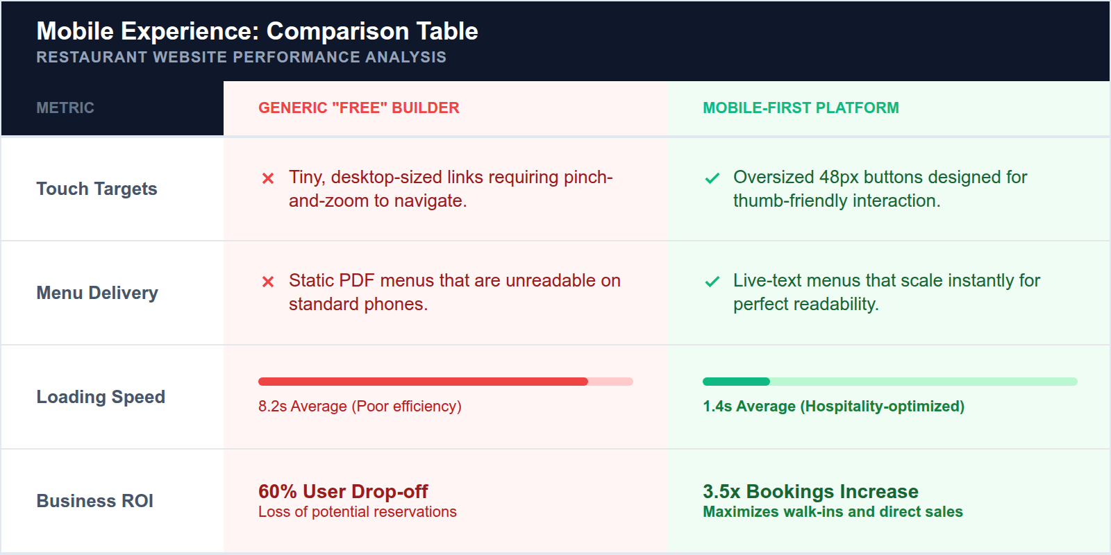 Comparison of a cluttered, broken mobile website versus a professional restaurant storefront.