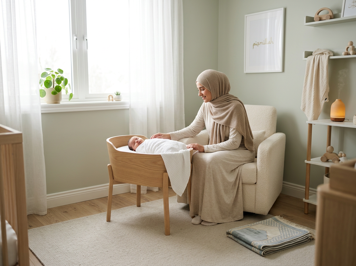 A peaceful home environment designed as a spiritual sanctuary for an infant.