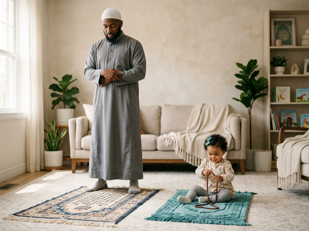 A heartwarming photo of a toddler imitating their father's prayer environment, focusing on tactile religious objects like a plush mat and wooden beads.