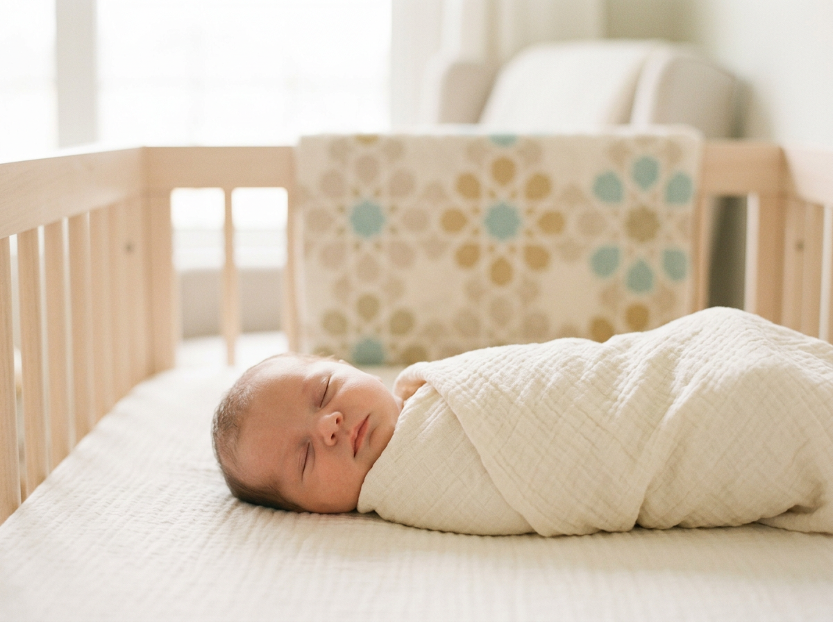 A peaceful newborn sleeping in a serene, sunlit nursery, representing the calm environment of a home audial sanctuary.