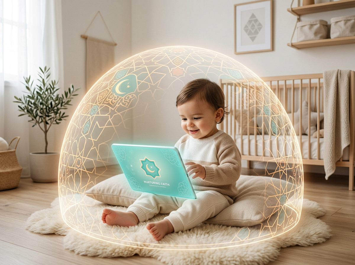 A calm toddler sitting in a peaceful room, protected by a conceptual digital shield of Islamic geometric patterns.