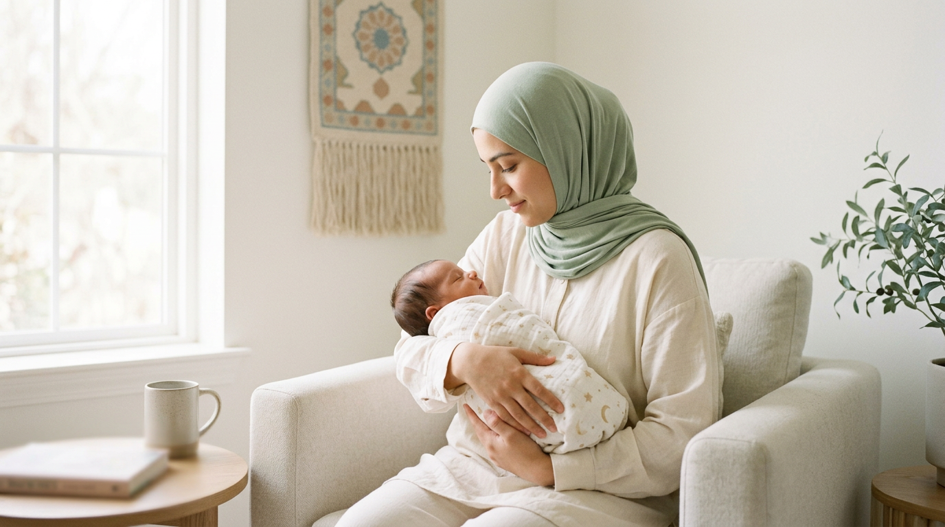 A serene moment between a mother and her infant in a brightly lit, minimalist home, illustrating the start of the 1,000-day Fitrah journey.