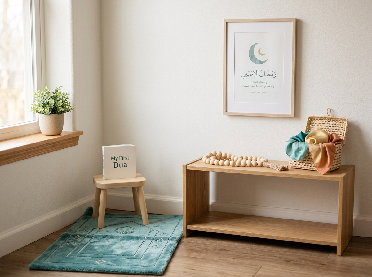A minimalist, child-friendly prayer corner designed at toddler eye level with a soft rug and wooden religious items.