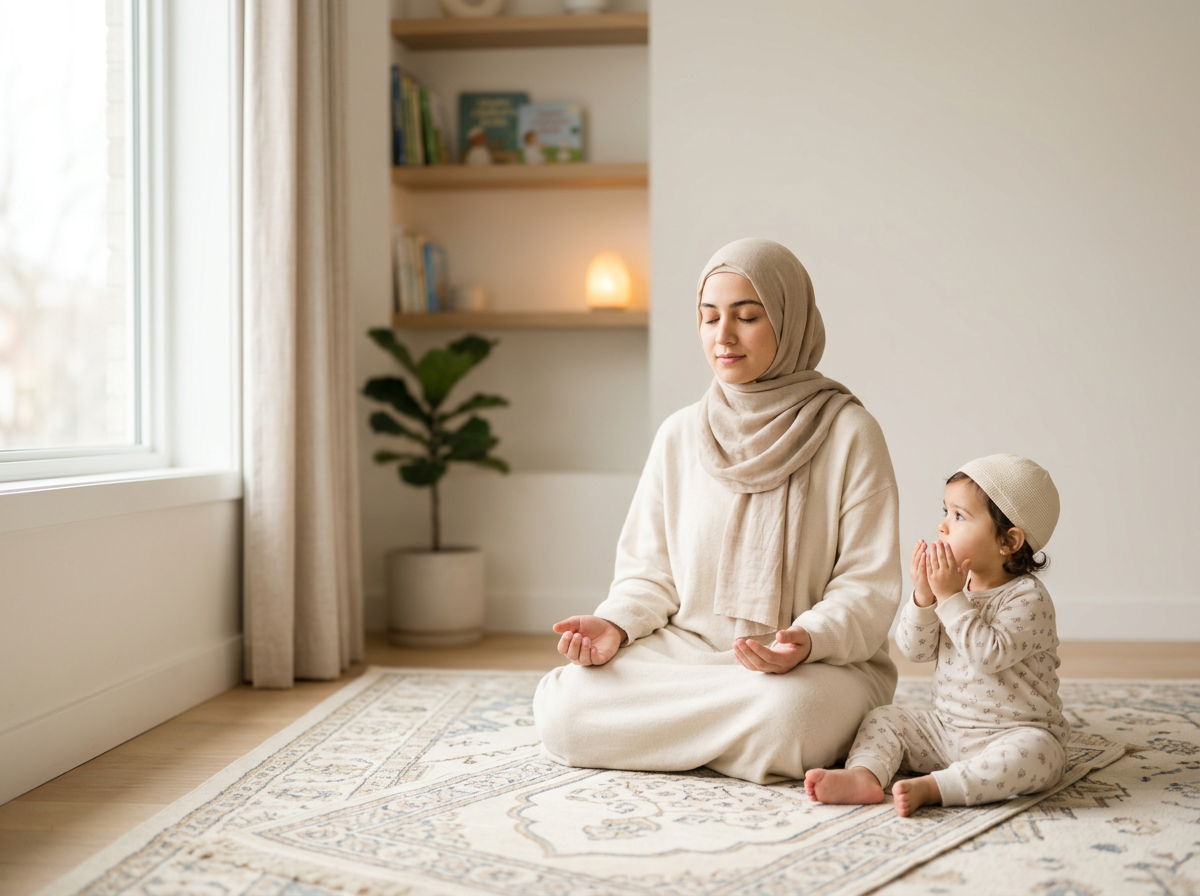 A mother and toddler sharing a quiet moment of prayer in a bright, tranquil home environment.