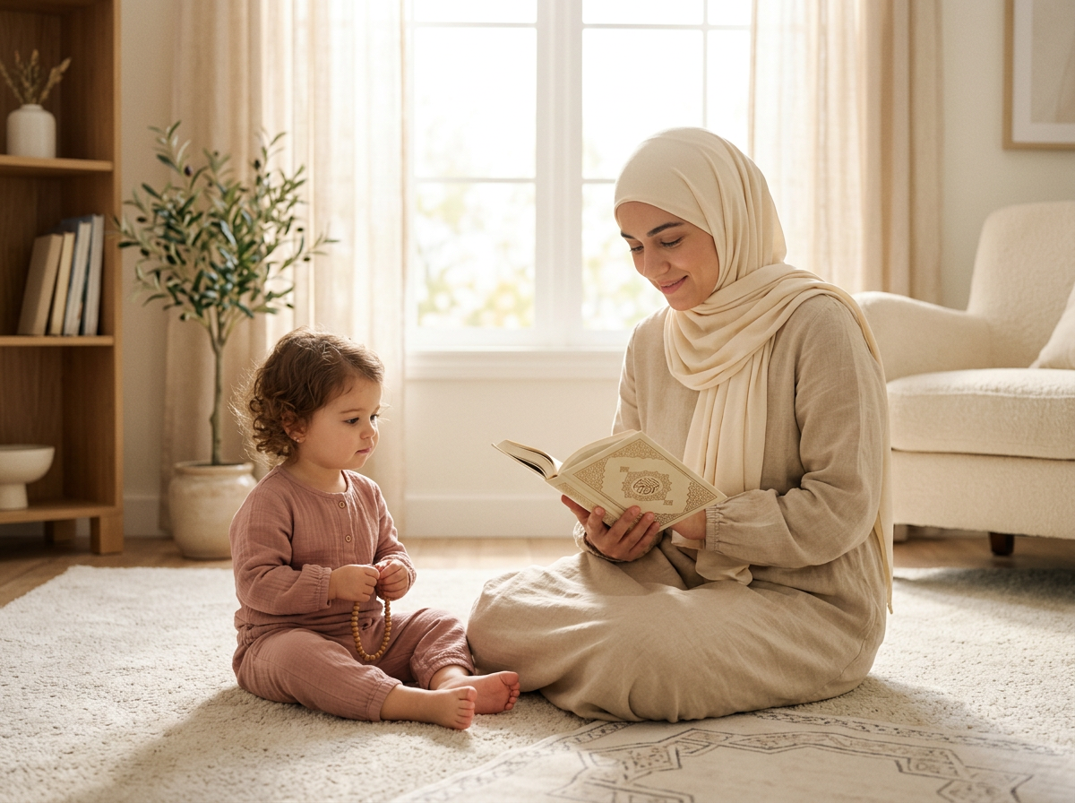 A peaceful scene of a parent modeling faith to a toddler in a warm, minimalist home environment.