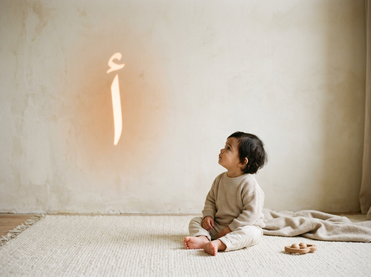 A serene and minimalist conceptual image of a toddler interacting with a glowing Arabic letter in a peaceful, clutter-free environment.