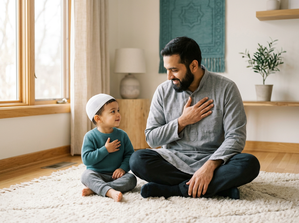 A father and toddler practicing a heart-centered gesture in a sunlit room.