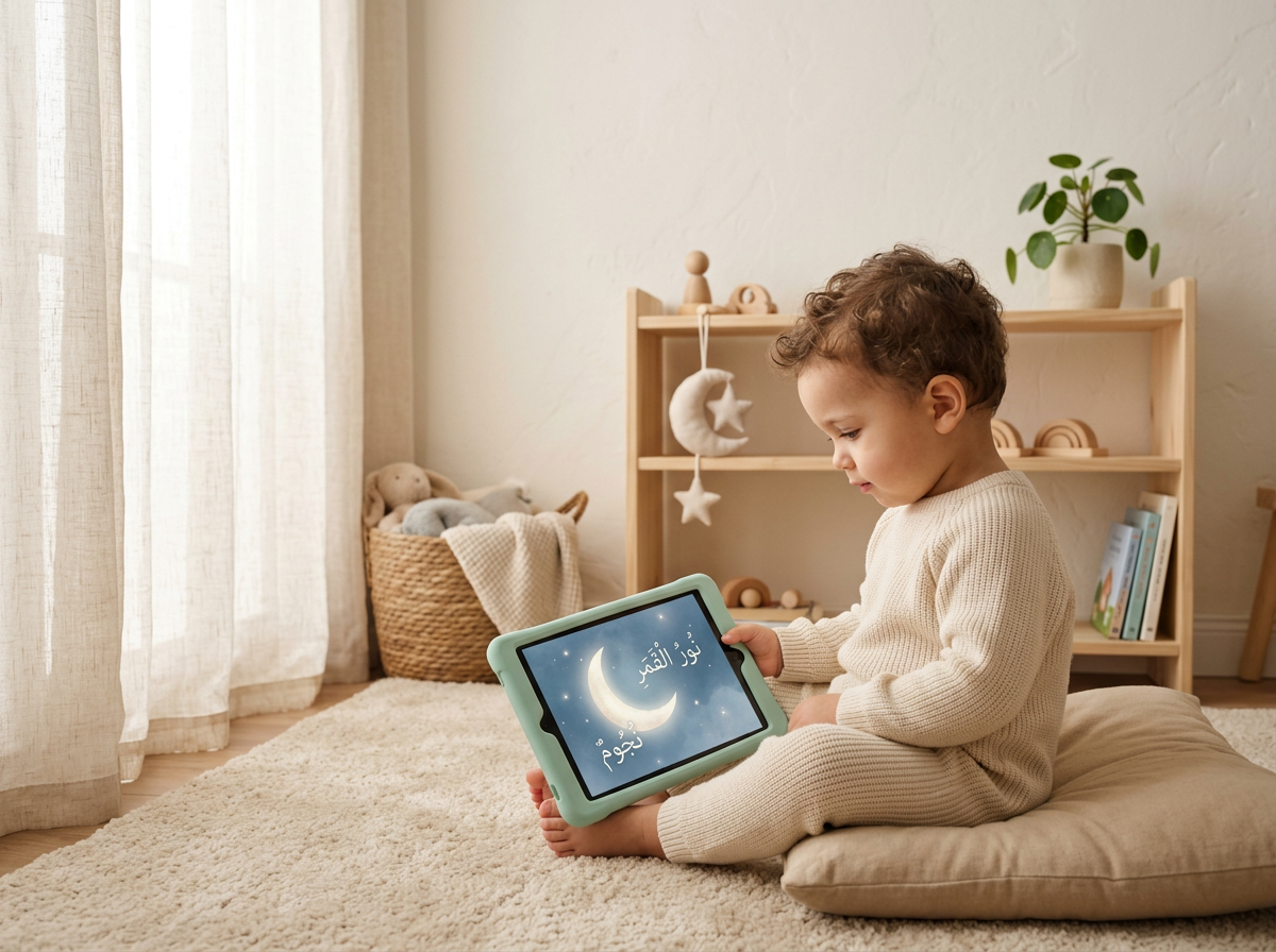 A toddler interacting with a serene, value-aligned digital interface in a sunlit, peaceful home environment.